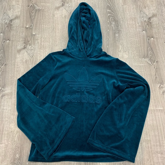 Adidas Flared Sleeve Velvet Blue Logo Hoodie - Picture 3 of 6